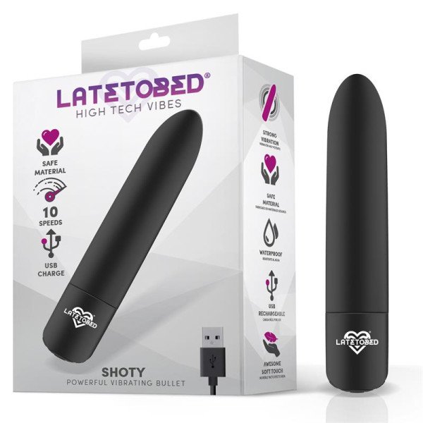 Pallina vibrante Shoty USB con 10 velocità, potente motore nero.