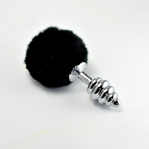 Plug anale a spirale in metallo con pompon nero