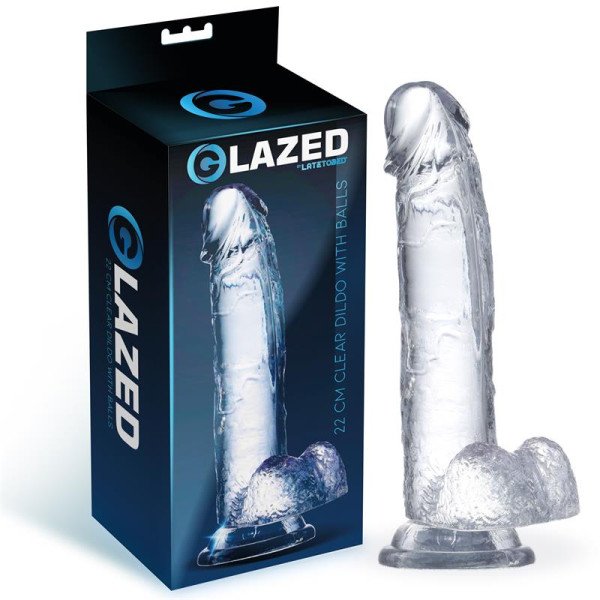Dildo realistico con testicoli in vetro. Lunghezza 22 cm.