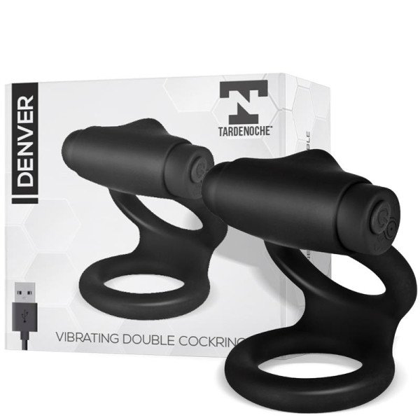 Denver Double Cockring con proiettile vibrante USB in silicone nero