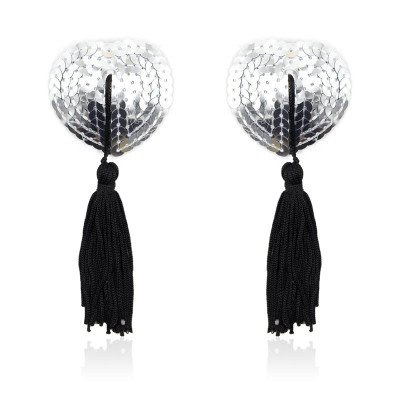 Pezoneras Autoadhesivas Forma de Corazon con Lentejuelas Negro Plata