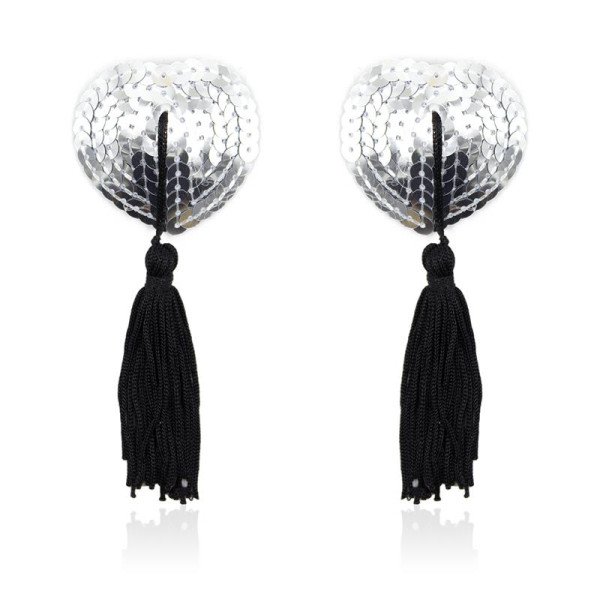 Copri capezzoli con paillettes a cuore autoadesivo con nappa argento/nero  Coprisedili per capezzoli con paillettes a forma di c