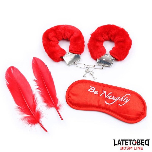 3 Pieces Bondage Set Cuffs, Eye Mask and Feathers