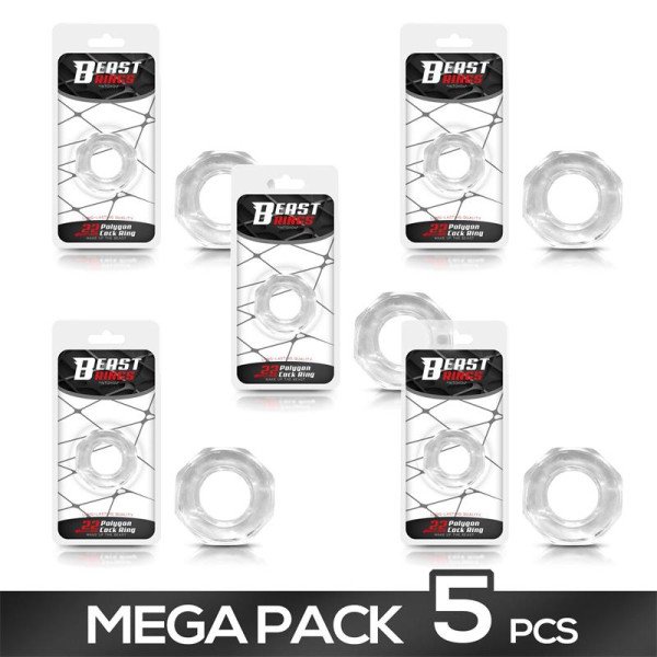 Pack 4+1 Penis Ring Super Flexible Polygon 2.2 cm Clear