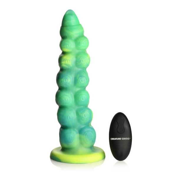 Dildo con movimientos de empuje y vibración controlados por control remoto de silicona.